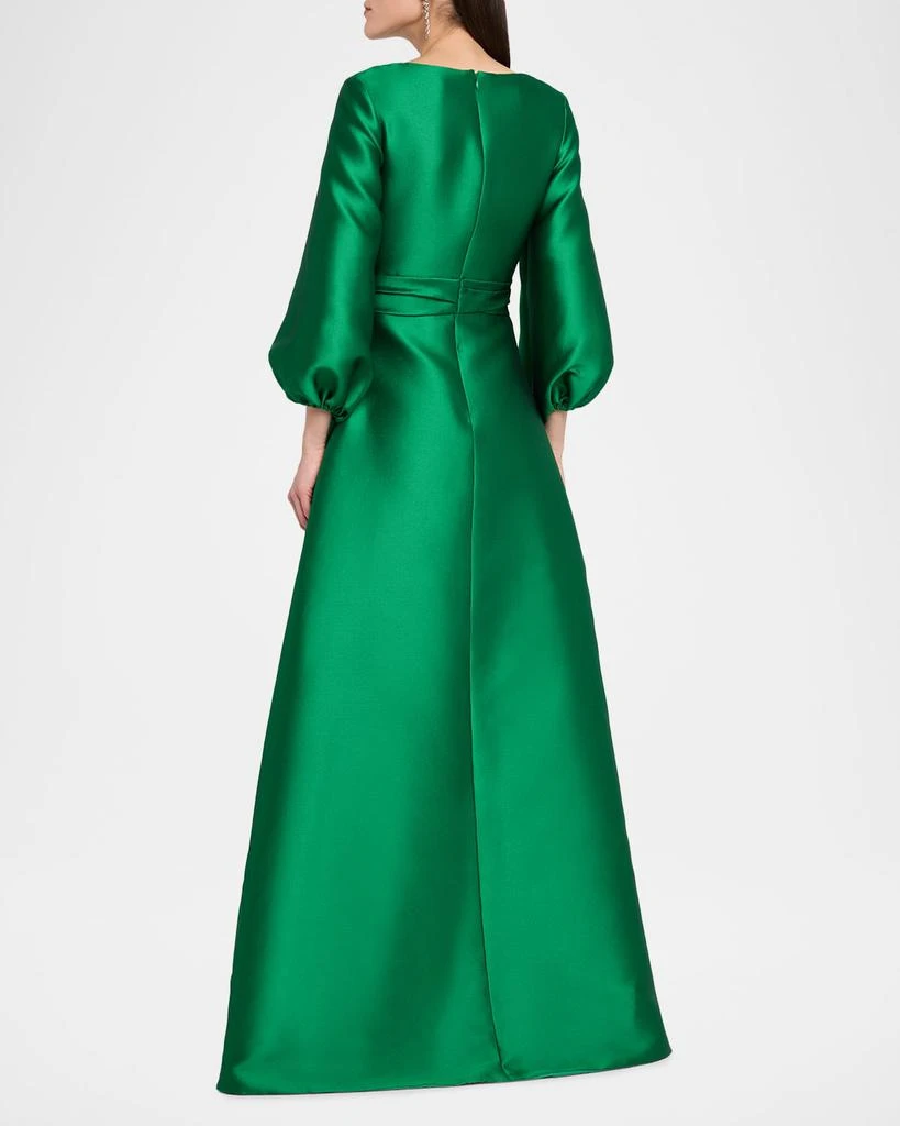 REEM ACRA Bishop-Sleeve Mikado Pique Wrap Gown 3