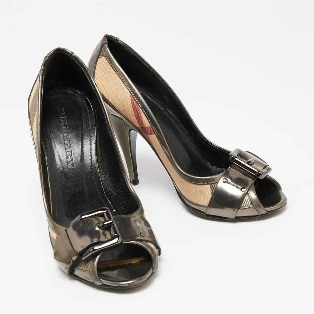 Burberry Burberry Metallic Grey Leather And House Check Canvas Buckle Peep Toe Pumps Size 37 4