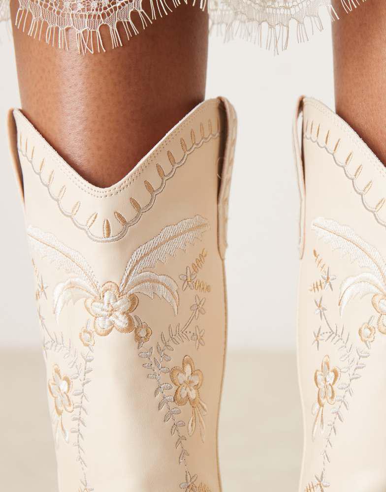 Glamorous Glamorous embroidered western knee boots in cream