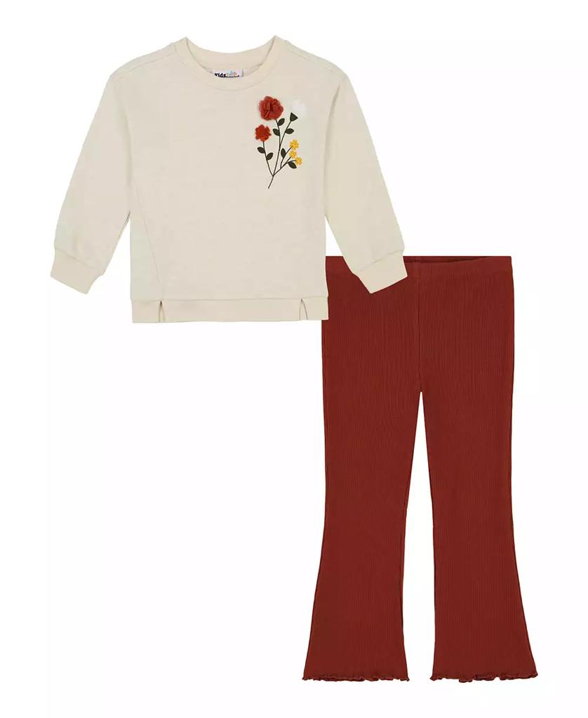 KIDS HEADQUARTERS Toddler and Little Girls Oversized French Terry Lurex Crewneck Flare Leg Ribbed Leggings