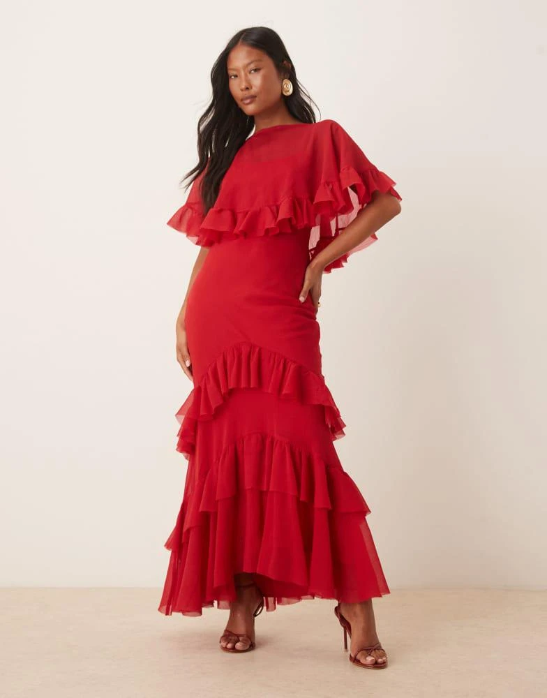 ASOS ASOS DESIGN Petite cape overlay ruffle bias maxi dress in red - Dresses  & Skirts - Free Shipping - BeyondStyle