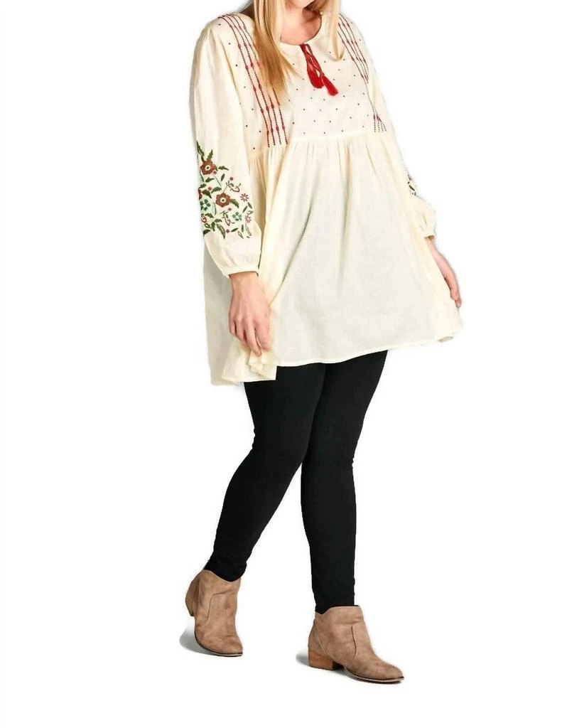 Velzera Floral Embroidered Peasant Dress In Cream 3