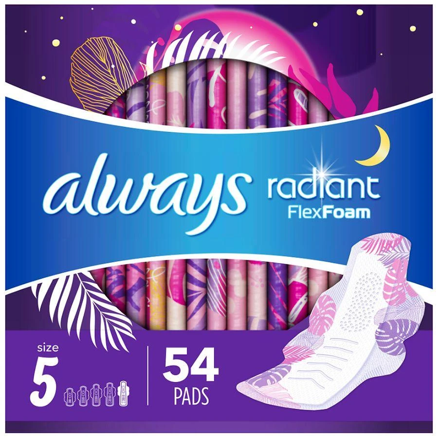 Always Radiant Overnight Feminine Pads For Women, Extra Heavy, With Wings Light Clean, Size 5 (54 ct) 1