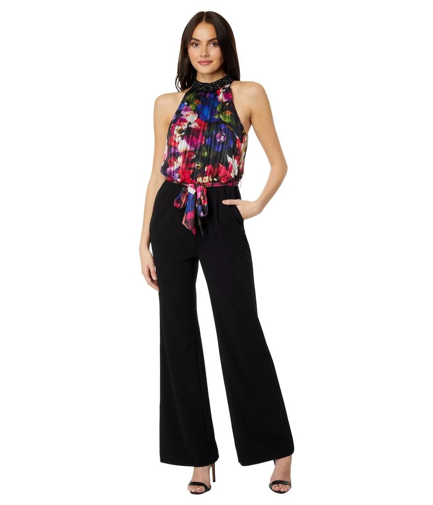 Adrianna Papell Mock Neck Printed Floral Halter Jumpsuit with Solid Black Bottom 1