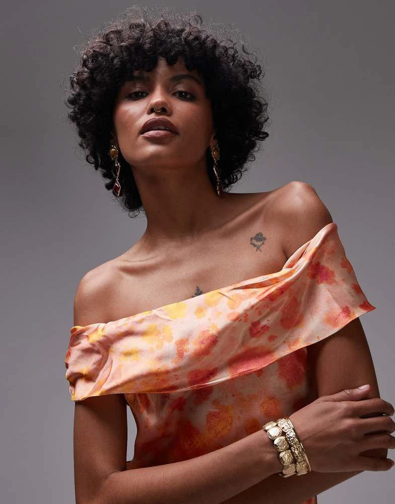 Topshop Topshop drape shoulder maxi occasion dress in blurred orange floral 3