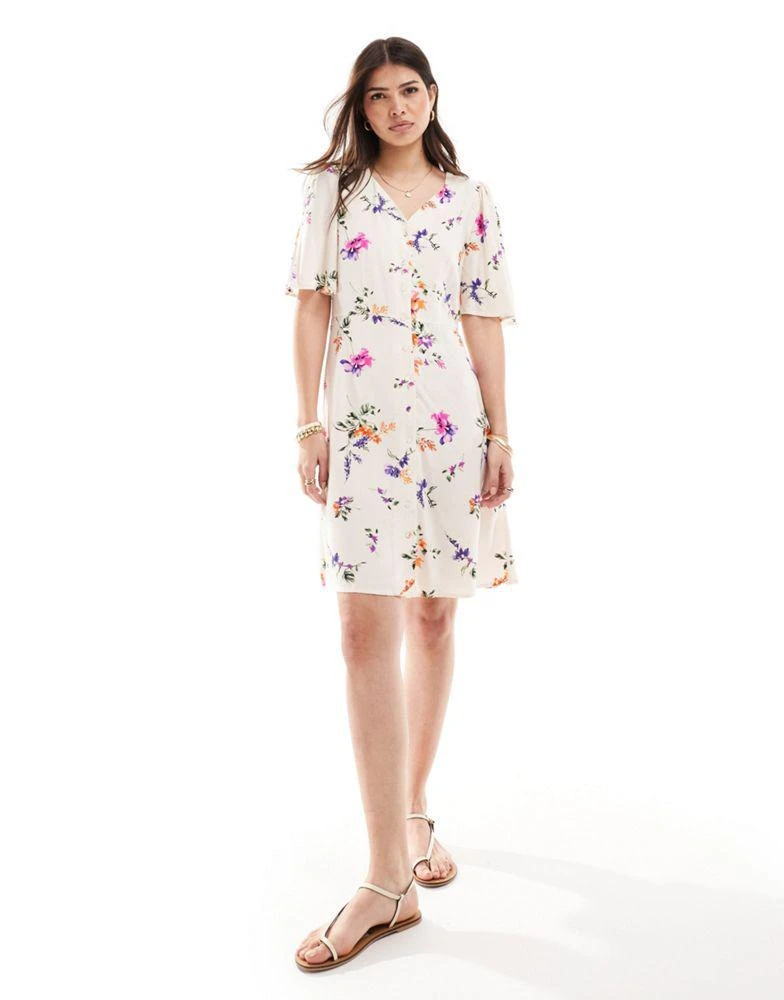 Y.A.S. YAS flutter sleeve shirt mini dress in cream floral  - MULTI 4