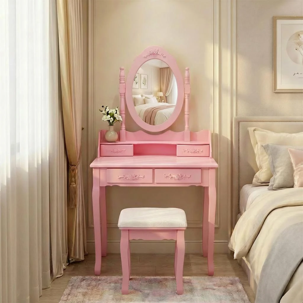 Streamdale Furniture Streamdale Pink Princess Vanity Desk Set with Mirror 
Stool, 4-Drawer Makeup Table