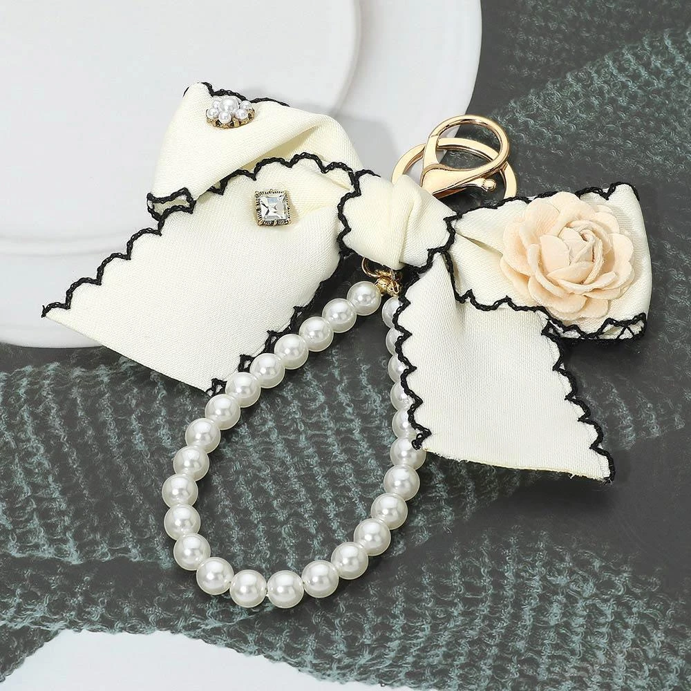 FASHNZFAB Flower Rhinestone Accent Pearl Loop Bow Keychain Bag Charm 5