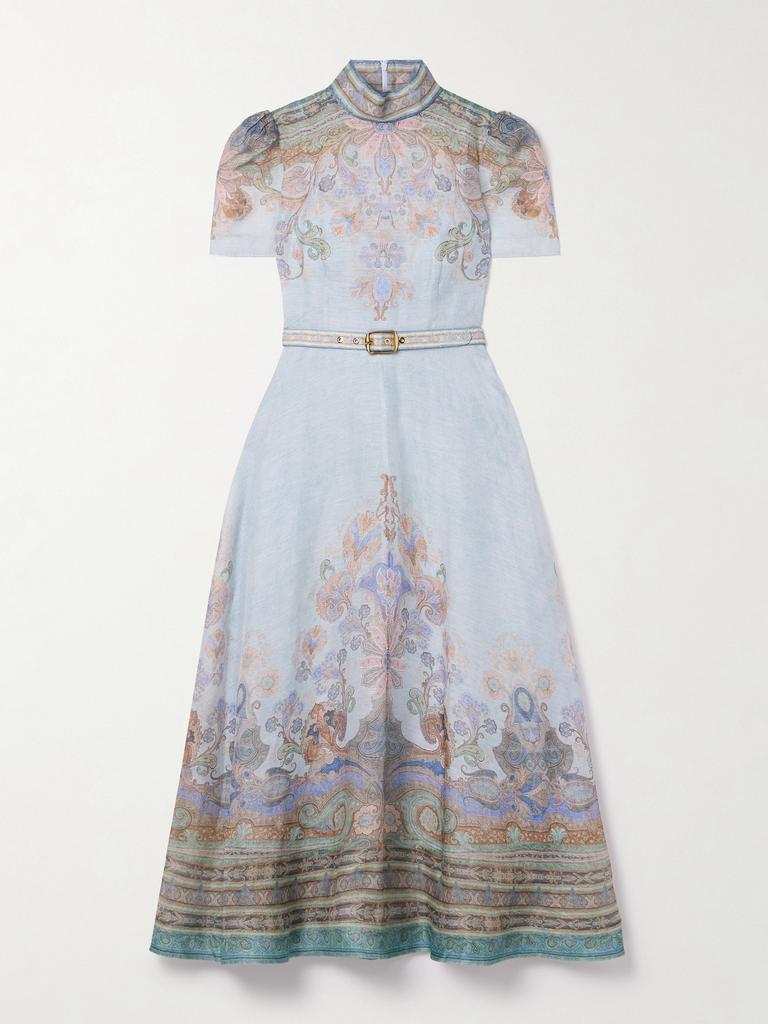 Zimmermann Eden 配腰带印花丝麻混纺中长连衣裙 - Dresses
