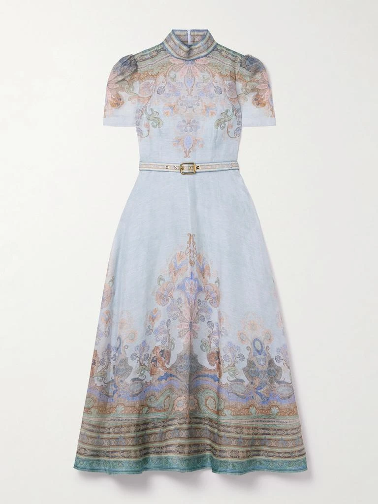 Zimmermann Eden 配腰带印花丝麻混纺中长连衣裙 1