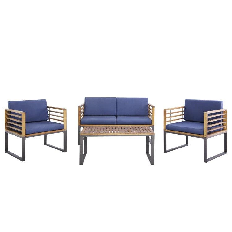 Hivvago 4 Piece Patio Acacia Wood Conversation Set with Soft Seat-Navy