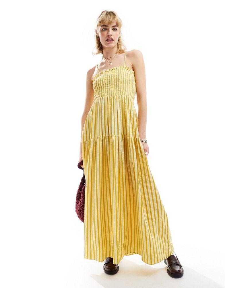 Glamorous Glamorous shirred bust cami volume maxi smock dress in yellow stripe