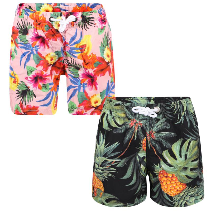 BANANA MOON Tropical flowers and palm leaves drawstring swimming trunks set in pink and black