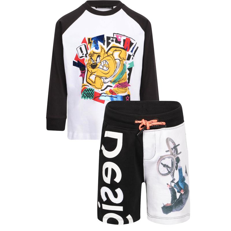 Desigual Tasmanian devil print long sleeved t shirt and bike print bermuda shorts set in black and white
