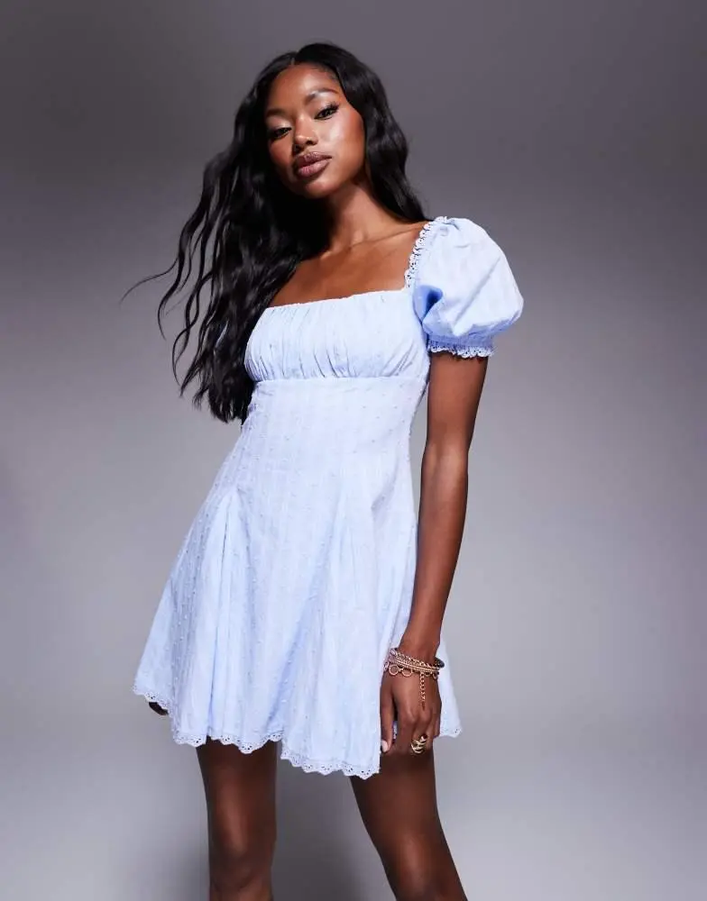 Princess Polly puff sleeve lace trim mini dress in blue  On Sale Now with  Up to 10% Off | Discover Exclusive Deals & Savings at BeyondStyle   Authentic Princess Polly Home|Women|Dresses