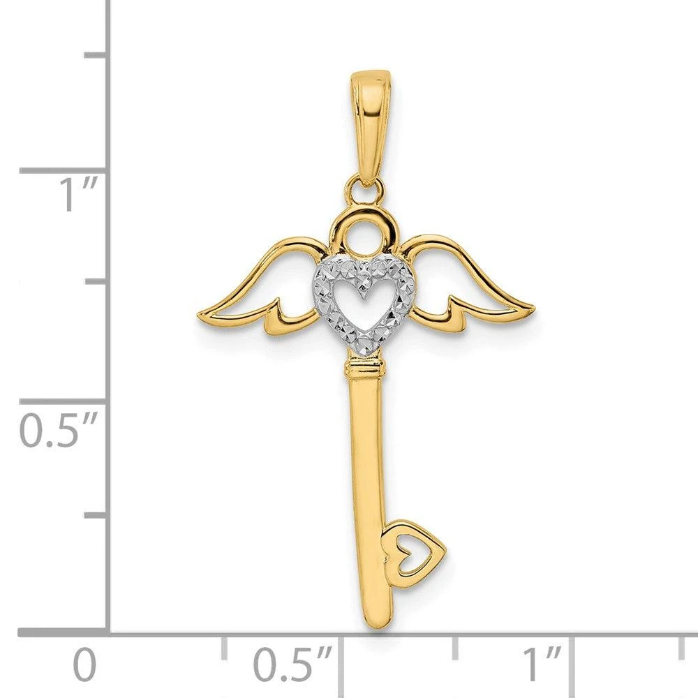Diamond2Deal 14k Yellow Gold and White Rhodium Diamond-Cut Hear Angel Wings Key Pendant 4