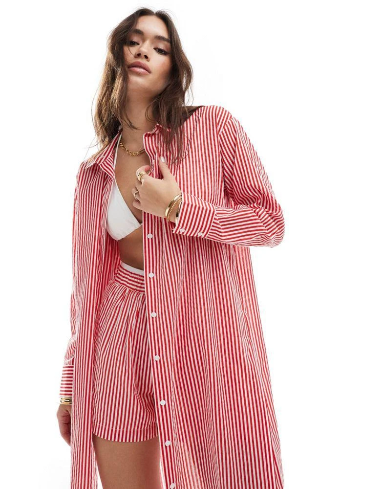 Stradivarius Stradivarius longline beach shirt in red stripe co-ord 1