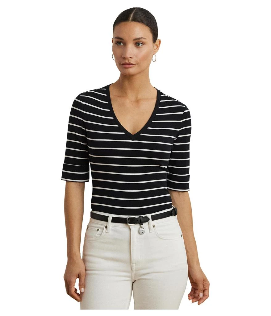 Ralph Lauren Striped Cotton Elbow-sleeve V-neck Tee 1