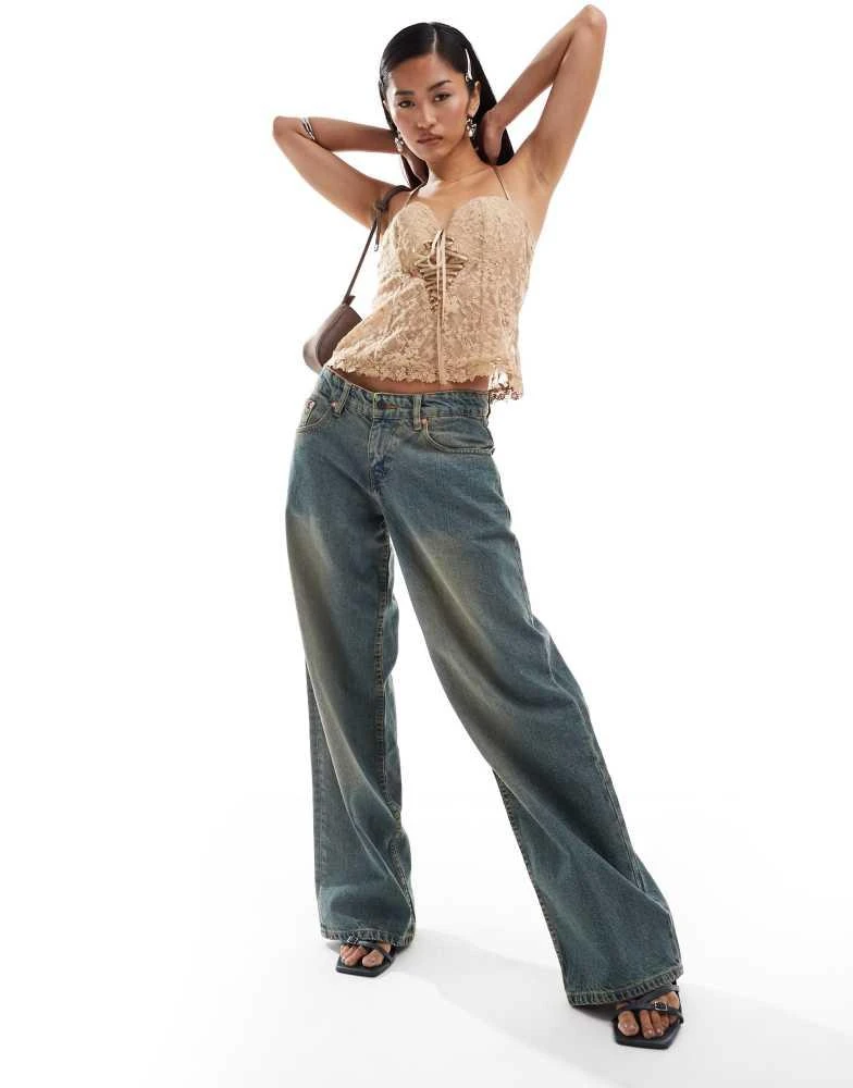 Motel Motel roomy wide leg low rise jeans in brown blue acid wash 1
