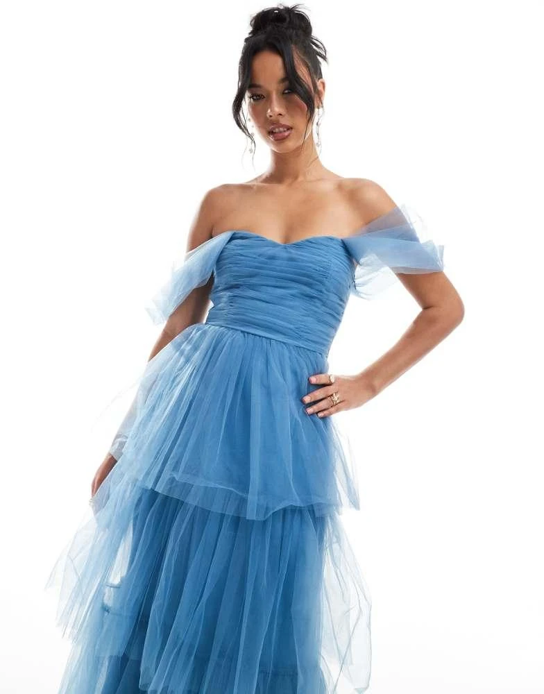 Lace & Beads Lace & Beads ruched tulle tiered midi dress in blue 2