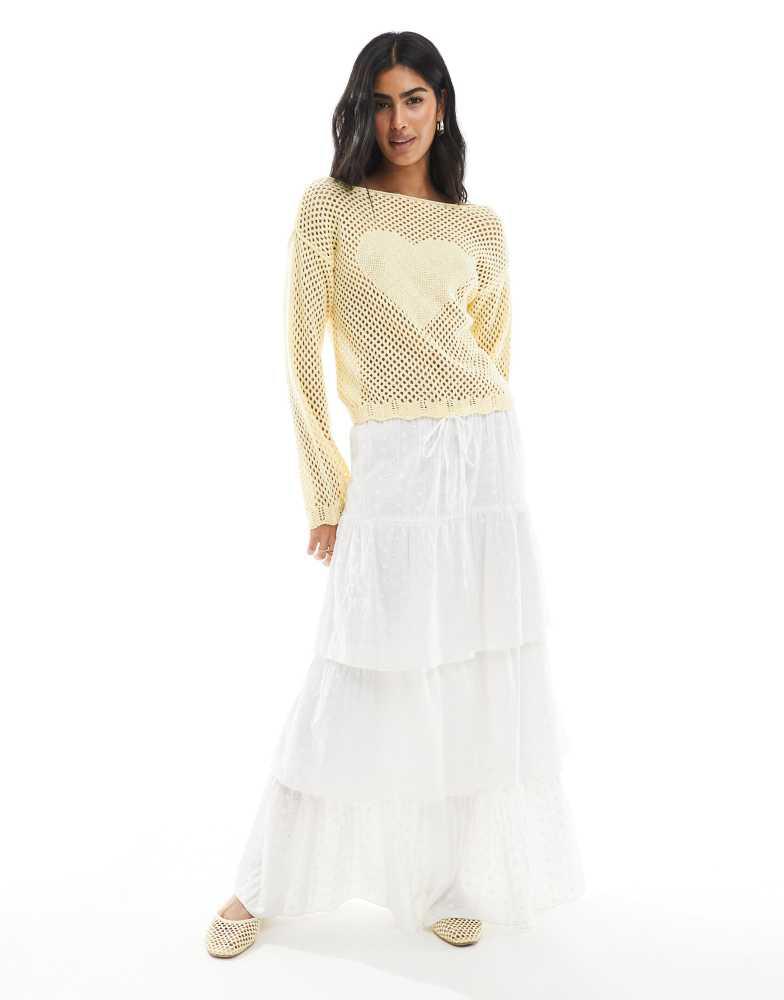 Miss Selfridge Miss Selfridge crochet heart tie back jumper in butter yellow