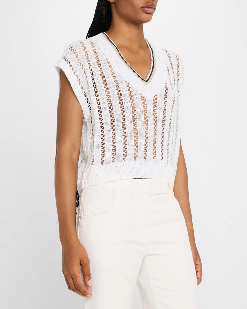Brunello Cucinelli V-Neck Tipped Linen Paillette Lattice Knit Sweater 4