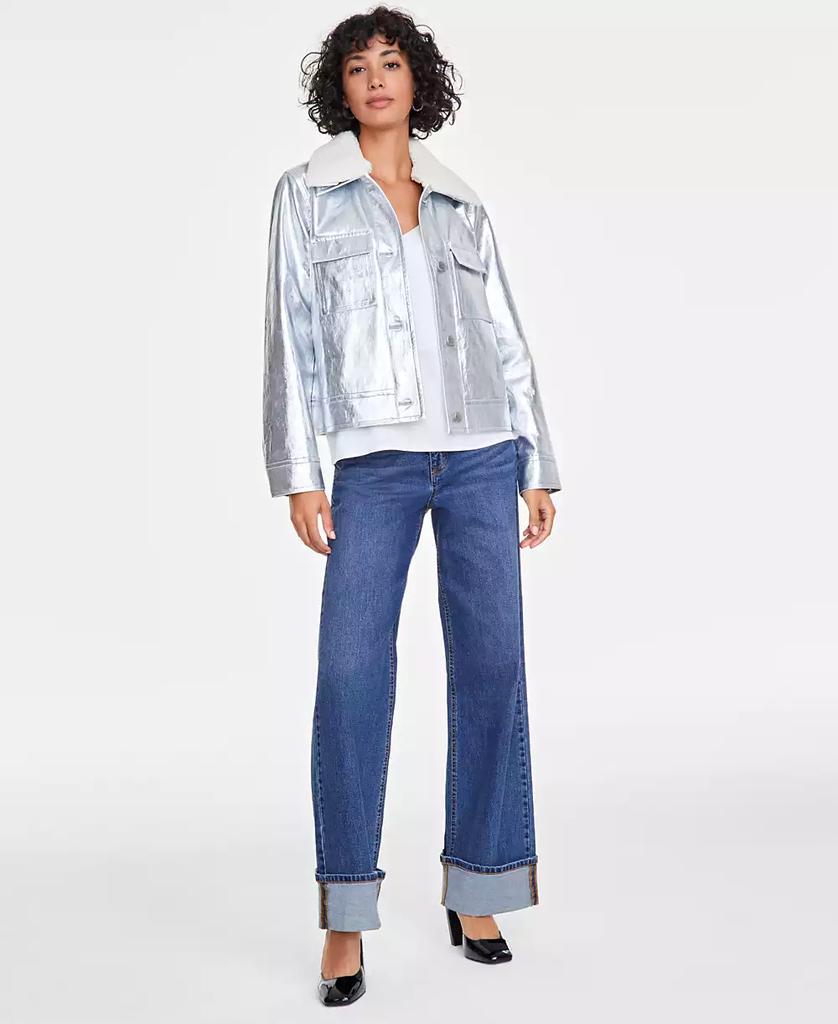 On 34th Plus Size Metallic Faux-Leather Sherpa-Trim Jacket, Exclusively at Macy's