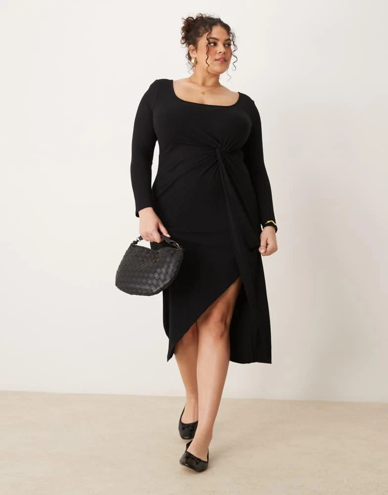 New Look Plus New Look Curve long sleeve knot front midi dress in black 1