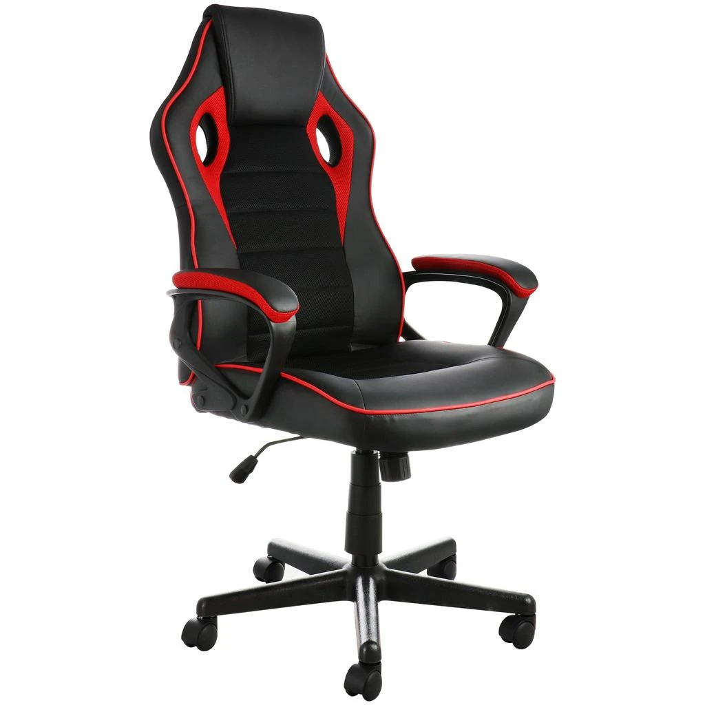 Elama High Back Adjustable Faux Leather Office Chair with Mesh and Fabric in Black and Red Trim