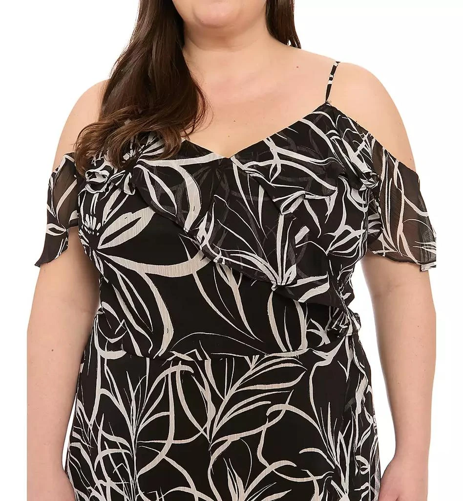 London Times Plus Size Printed Cold-Shoulder Ruffle Dress 10