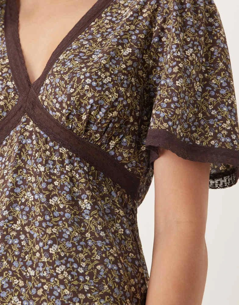 Nobody's Child Nobody's Child lace trim mini dress in chocolate ditsy floral 2