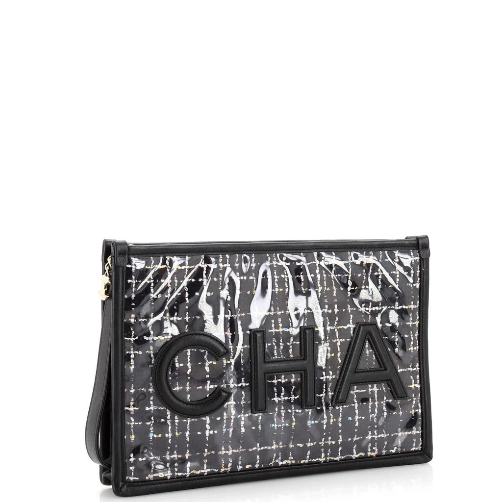 Chanel Logo Wristlet Clutch PVC Over Quilted Tweed Large 3