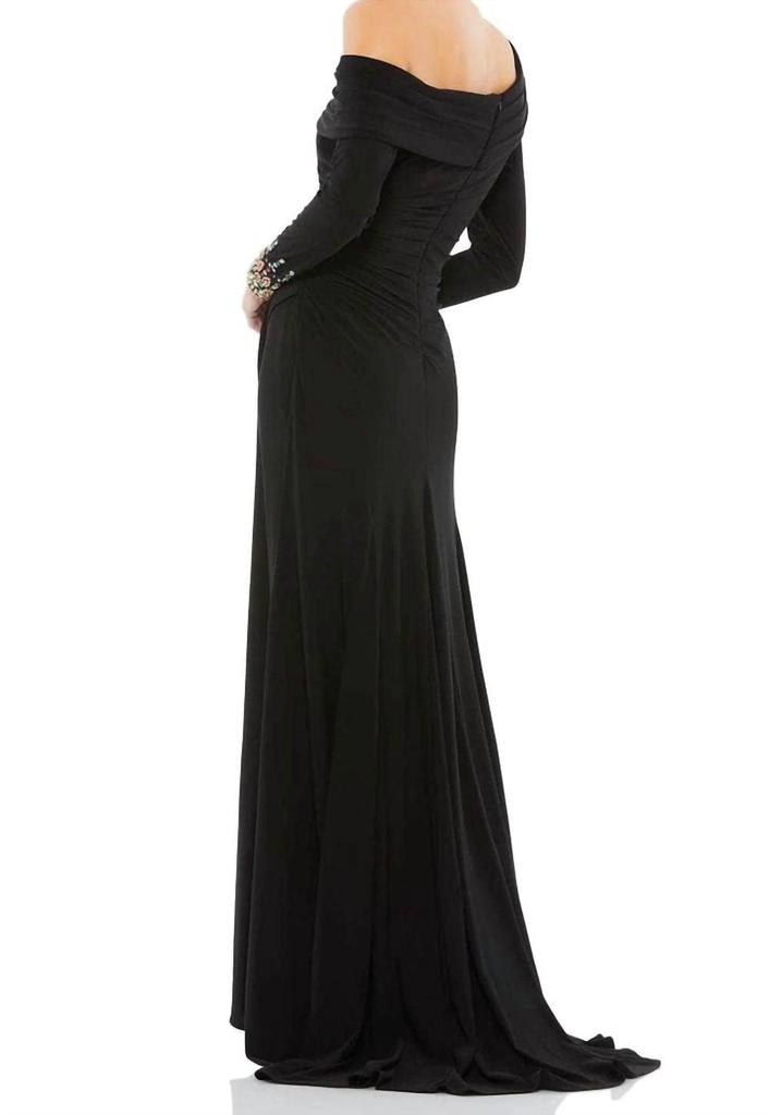 Mac Duggal Beaded Cuff Drop Shoulder Long Sleeve Gown Dress In Black