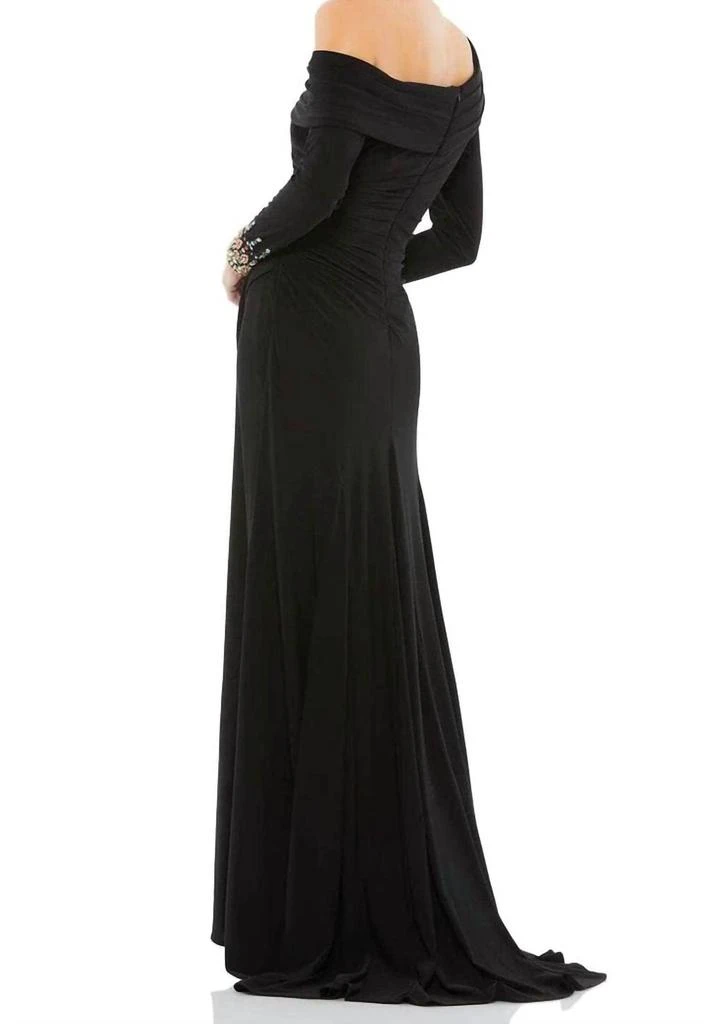 Mac Duggal Beaded Cuff Drop Shoulder Long Sleeve Gown Dress In Black 2