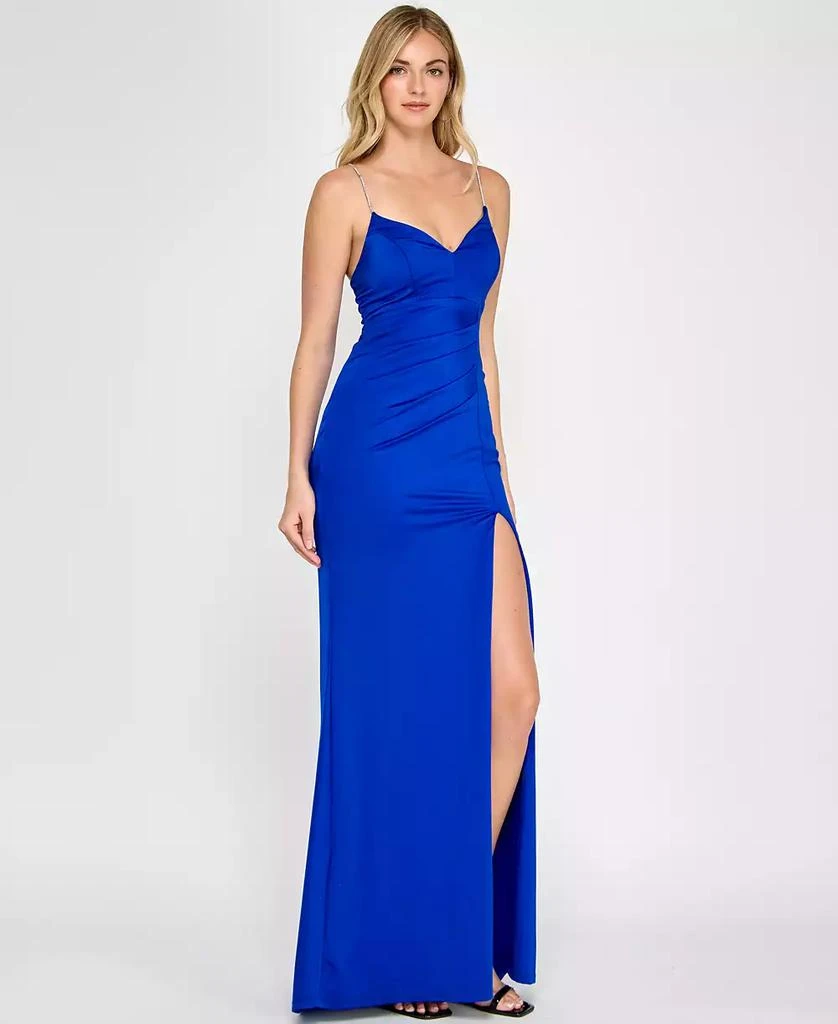 Crystal Doll Juniors' Rhinestone Lace-Up-Back Satin Gown 3