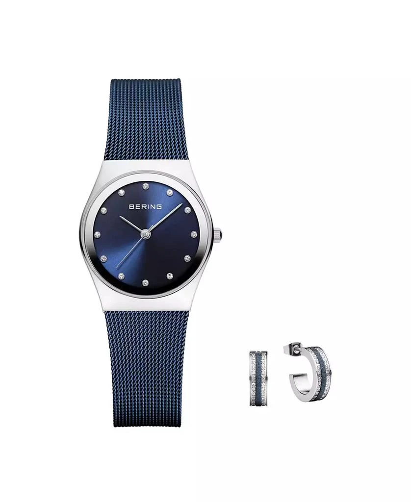 Bering Women's Classic Blue Stainless Steel Milanese Mesh Bracelet Watch 27mm and Crystal Earring Gift Box Set 2