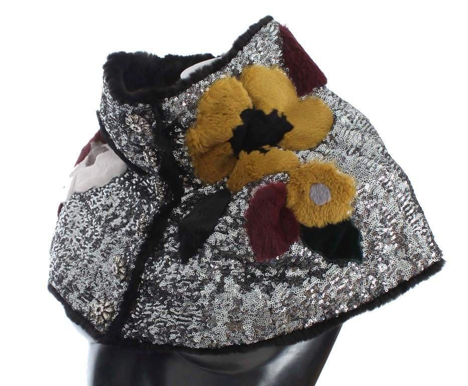 Dolce & Gabbana Dolce & Gabbana  Silver Sequined Floral Weasel Fur Shoulder Scarf Wrap