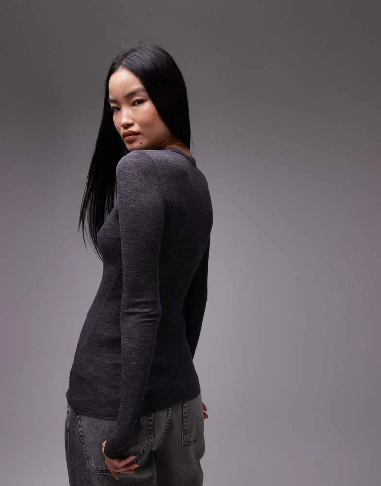 ARKET ARKET merino wool knitted semi sheer long sleeve top in dark grey 3