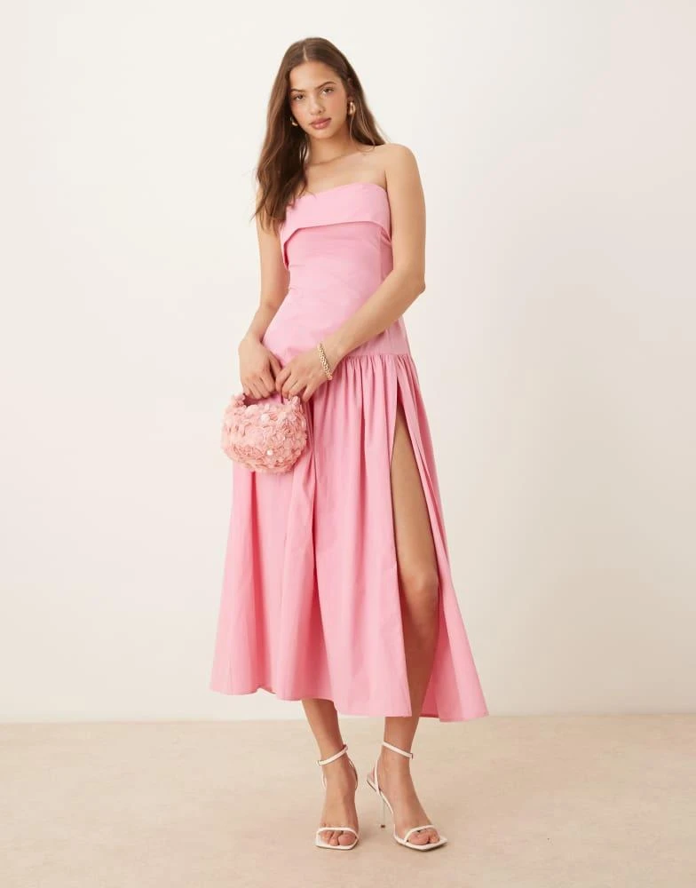 ASOS Design fold over bandeau midi dress with asymmetric detailing in pink ASOS Design fold over bandeau midi dress with asymmetric detailing in pink