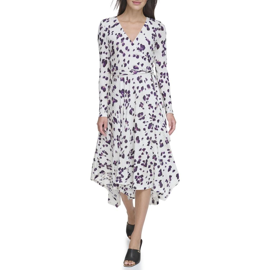 DKNY Long Sleeve Print V-Neck Wrap Dress