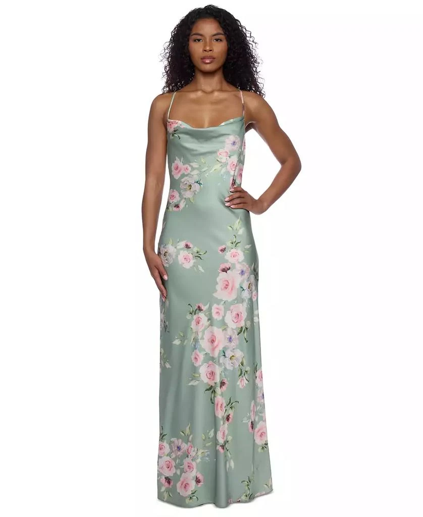 Alex & Sophia Juniors' Floral Satin Cowlneck Gown 1