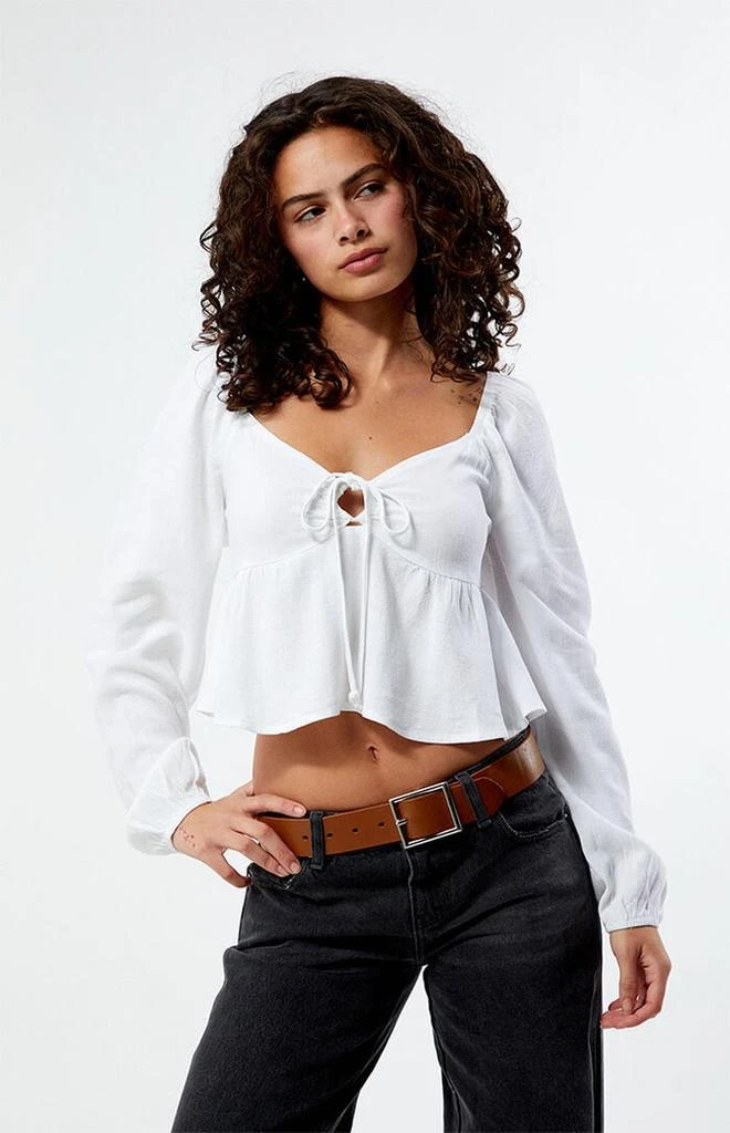 LA Hearts Long Sleeve Keyhole Linen Babydoll Top 1