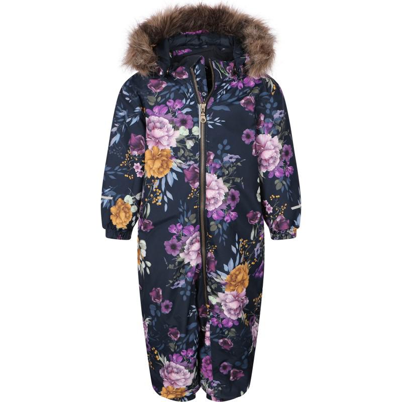 NAME IT® Floral print snowsuit removable hood with detachable faux fur trim in navy