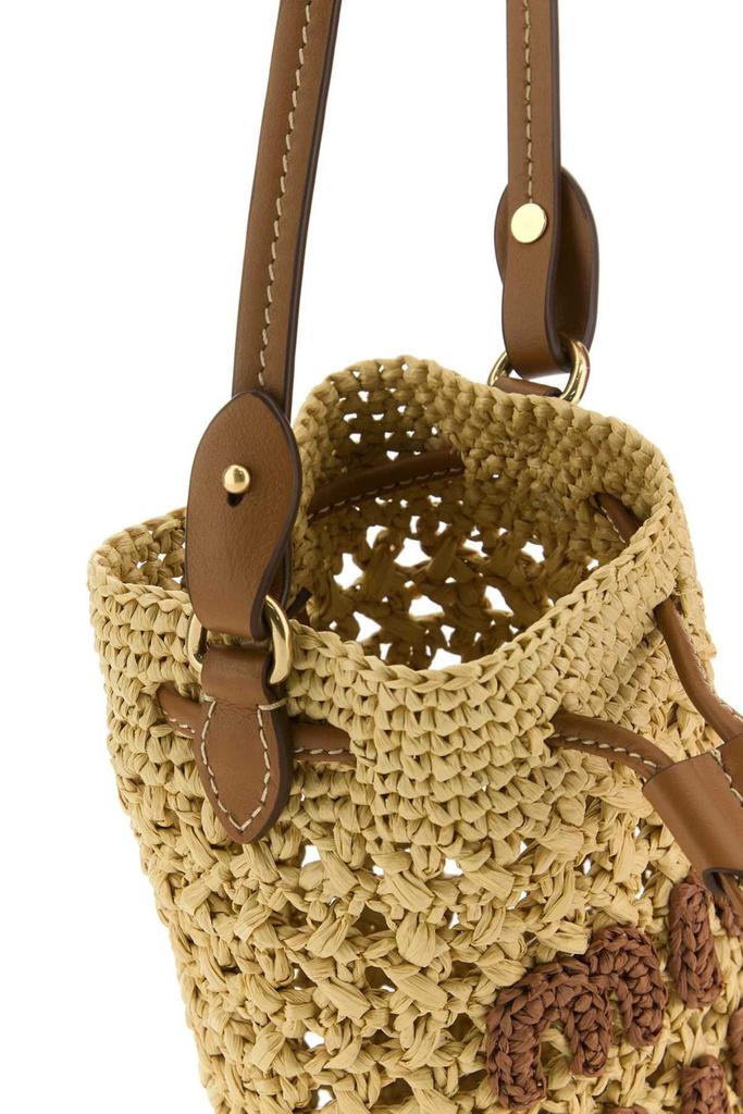 【MiuMiu】 Logo raffia-effect bucket bag Mini logo raffia-effect bucket bag in brown - Miu Miu