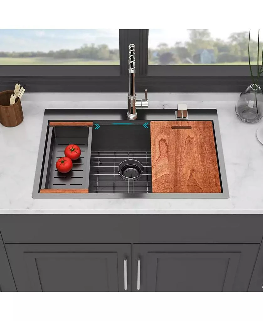 Flynama 33x22x9inch Gunmetal Black Kitchen Sink Drop In Workstation Stainless Steel 16 Gauge 2