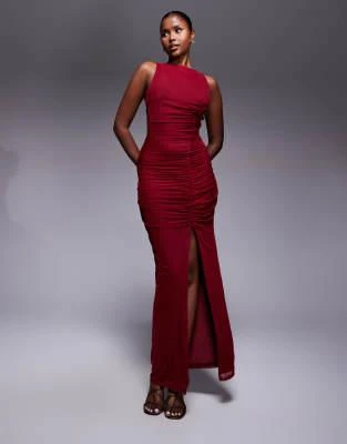 ASOS DESIGN strappy back ruched mesh maxi dress in dark cherry  On Sale  Now with Up to 70% Off | Discover Exclusive Deals & Savings at BeyondStyle   Authentic ASOS Home|women