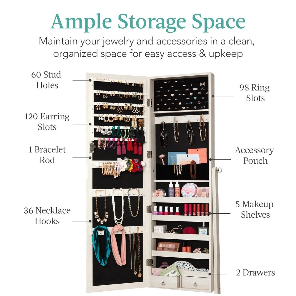 Best Choice Products Jewelry Armoire Cabinet, Full Length Mirror w/ Velvet Storage Interior, Lock 2