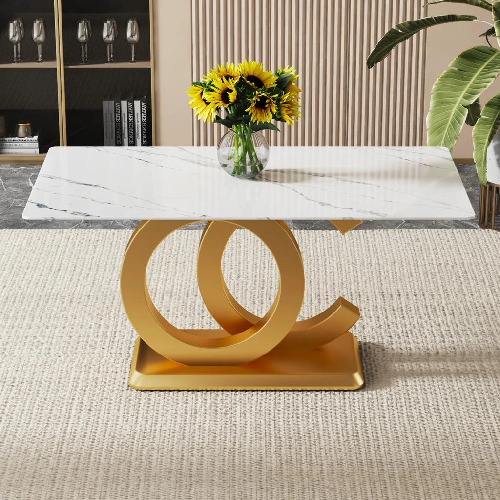 Streamdale Furniture Streamdale Tempered Glass Marble Top Dining Table with Gold OC Legs