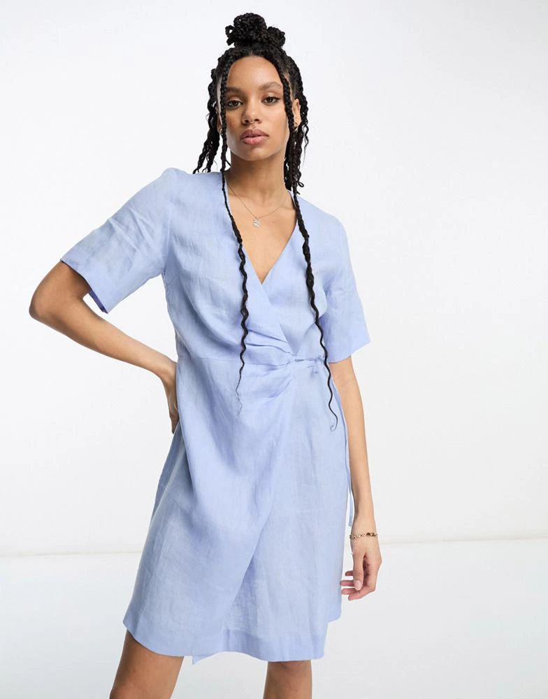 & other stories blue wrap dress & Other Stories puff sleeve jacquard midi wrap dress in blue