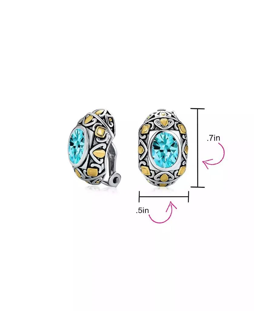 Bling Jewelry Two-Tone Bali Style Oval Clip-On Earrings with Simulated Aquamarine CZ 3
